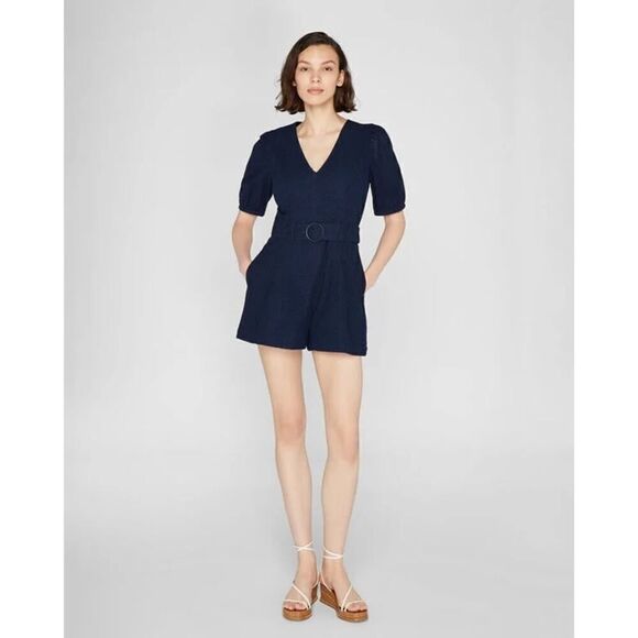 CLUB MONACO NWT Belted Puff Sleeve Eyelet Romper navy blue size 12 MSRP $ 199 - Picture 2 of 5